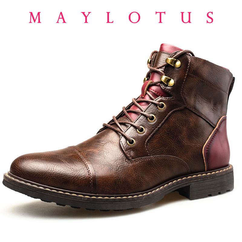 Handgemaakte Leren Herenlaarzen Retro Ronde Neus Enkellaarzen Herfst Winter Punk Stijl Motorlaarzen Dikke Botines 43 black