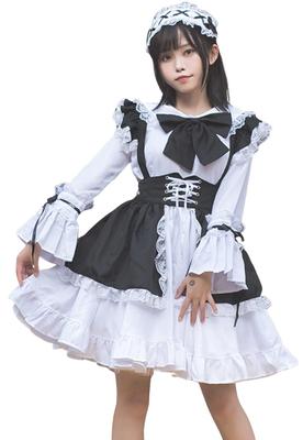 Maid Clothes Cosplay Long Sleeve Maid Dress Black Above the Knee Gothic Lolita Black [Lady Lazy] (S)