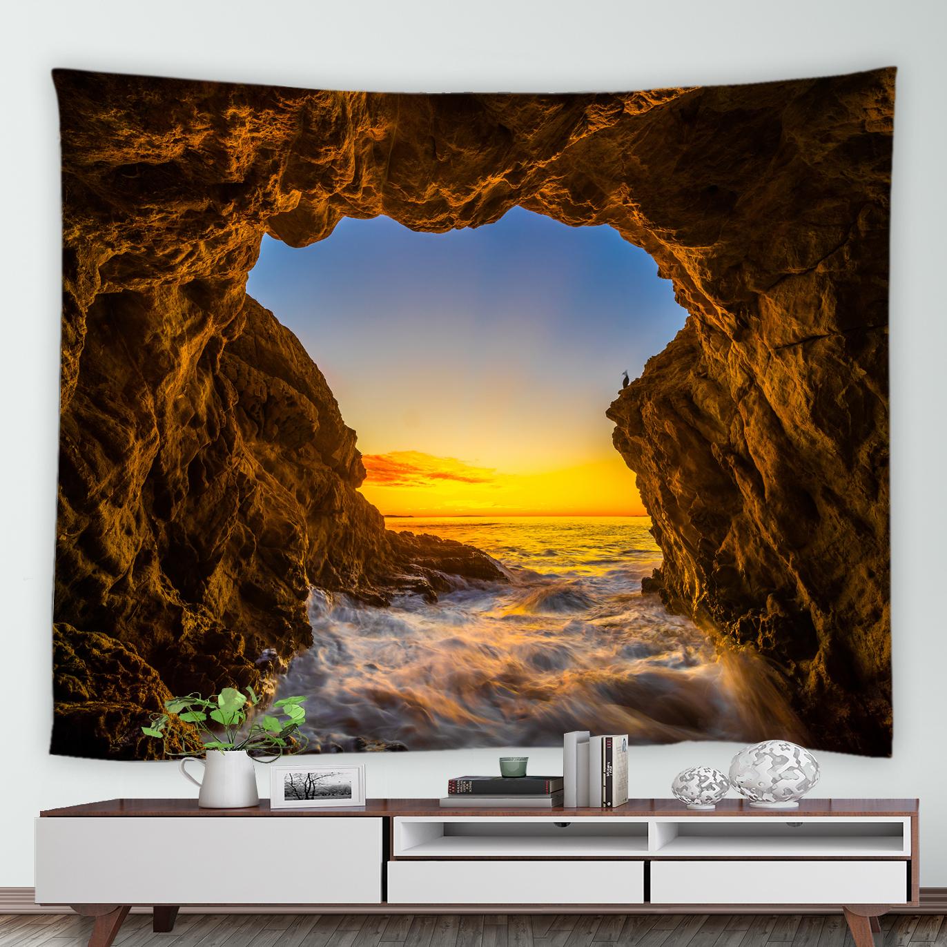 

Натуральная пещера, океан, сумерки, пейзаж, принт, узор, гобелен для дома, гостиной, спальни, Настенный декор, тканевый гобелен 100x75cm