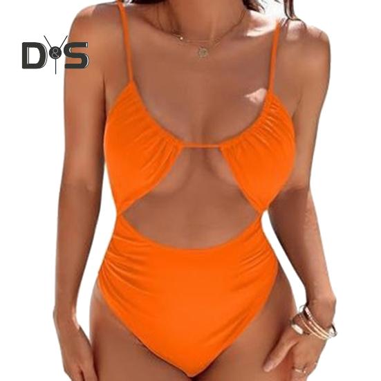 Women One-piece Swimsuit Sling High Waist Hollow Monokini Solid Color Quick Drying Elastic Fabric Beachwear with Chest Pad