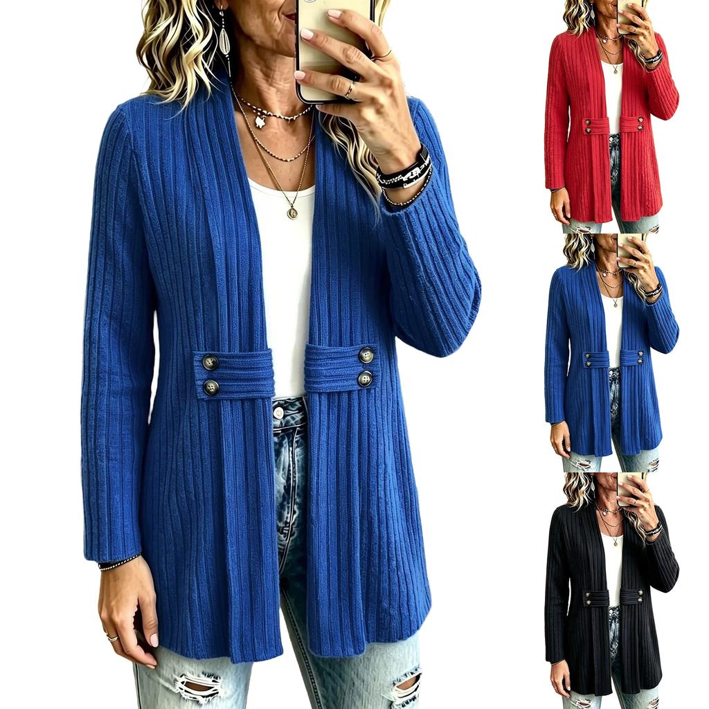 Women's Ribbed Knit Cardigan with Buttons - Brushed Soft Open Front Sweater Jacket for Everyday Wear