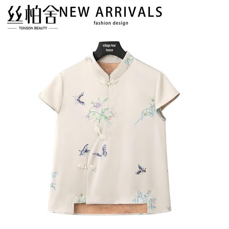 Women s New Chinese Style Animal Print Disc Buckle Shirt L