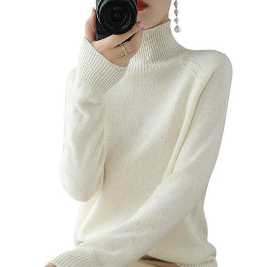 Women Sweater High Collar Long Sleeve Ribbed Trim Knitting Tops Solid Color