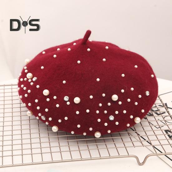 Baskenmütze für Damen, Kunstperlen, Strass-Dekor, Vintage-Wollmütze im englischen Stil, ohne Krempe, einfarbig, verstellbare Träger, Kürbismütze