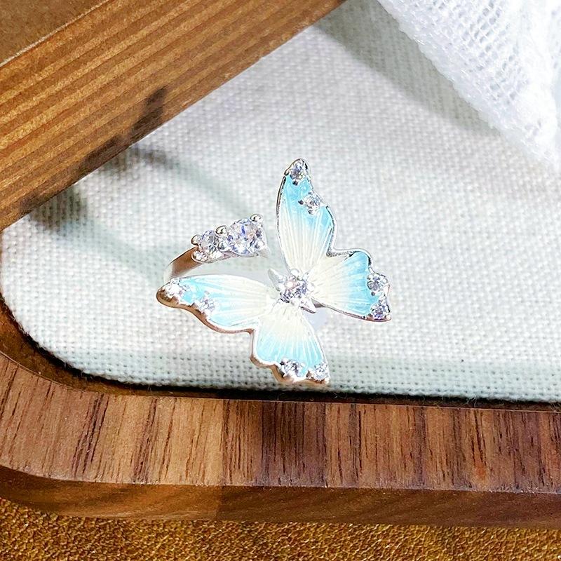 Small Fresh Enamel Dripping Oil Gradual Change Butterfly Opening Ring Niche Cool Feeling Stacked Wearing High Sense Personalized Ring Female