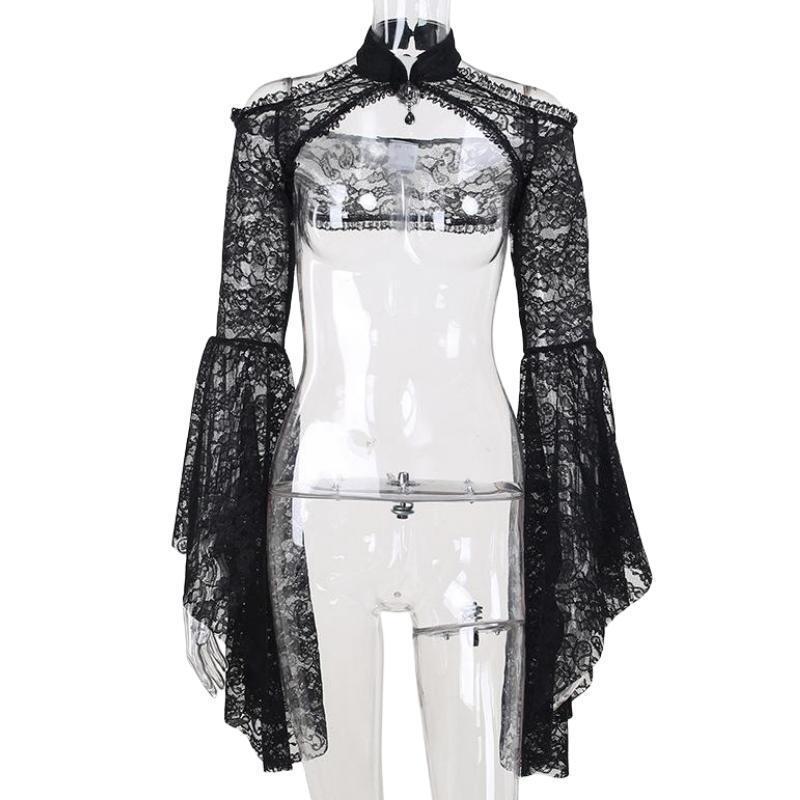 Women's Black Lace Bell Sleeve Halloween Top - Elegant Stand-up Collar