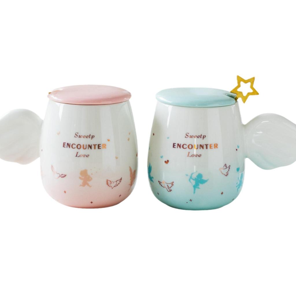 Engelsflügel Romantischer Amor Paar Paar Sanfte Tasse Farbverlauf mit Keramik Cartoon Tasse mit Deckel Löffel Männer und Frauen Blumentee Wasserbecher
