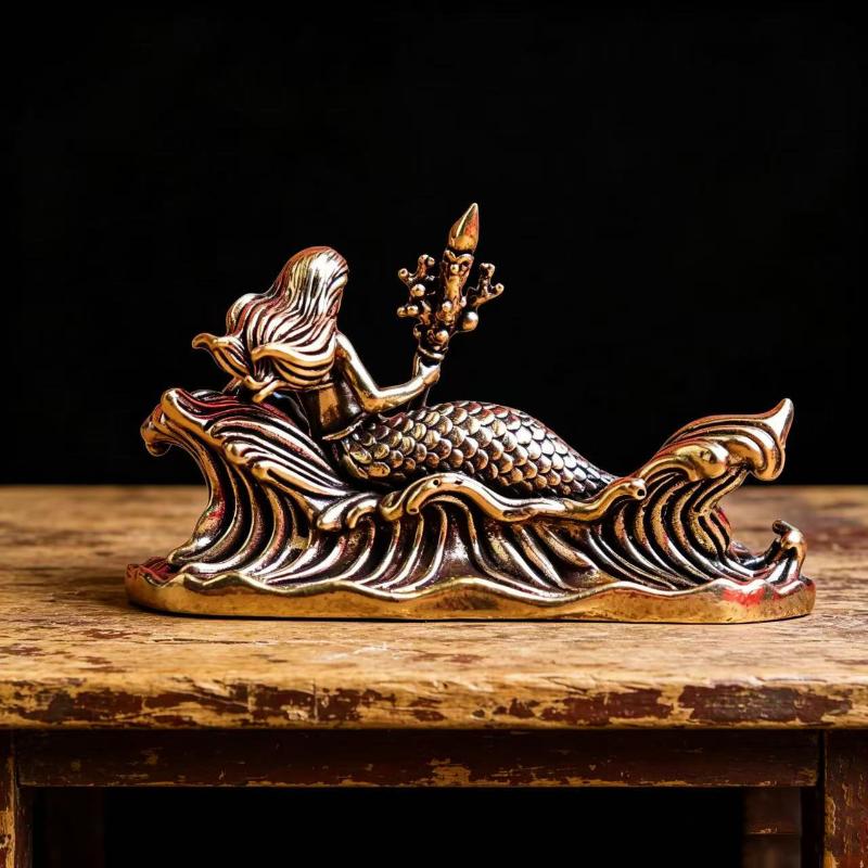Vintage Brass Mermaid Statue Greek Ocean Goddess Collectible Sculpture Retro Antique Style for Nautical Theme Decor