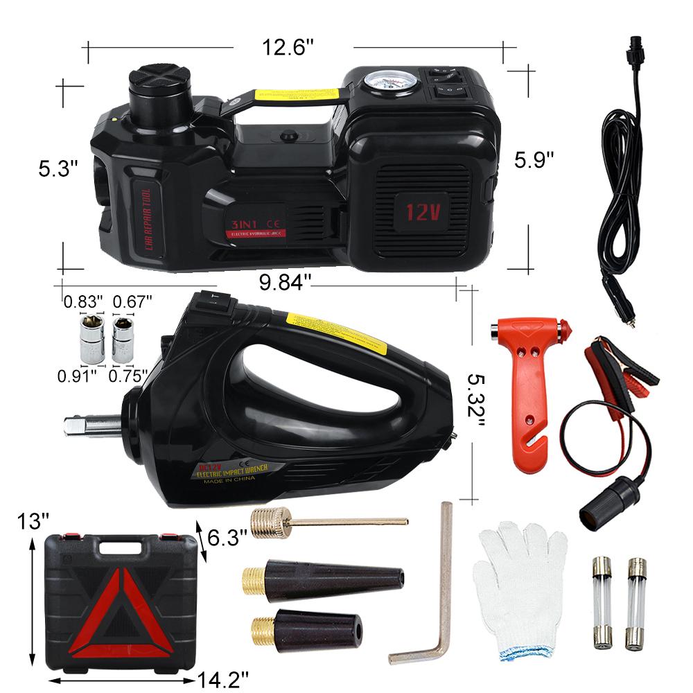 Car Jack 5T Electric Hydraulic Floor Jack Tire Inflator Pump LED Light Electric Impact Wrench Car Repair Tool 45cm 3 in 1 150W DC 12v