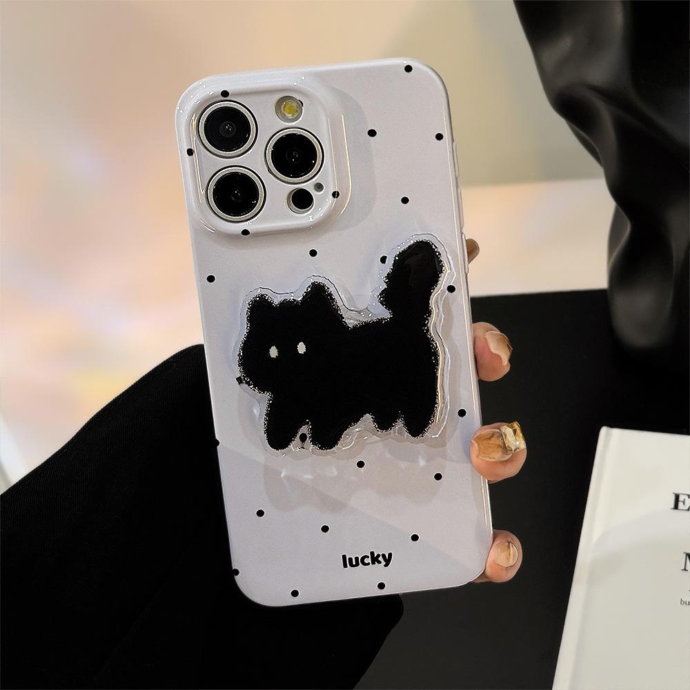 Cute Polka Dot Cat Stand Mobile Phone Case Suitable for 13 Apple 14 Promax Film Iphone 15 Soft 16