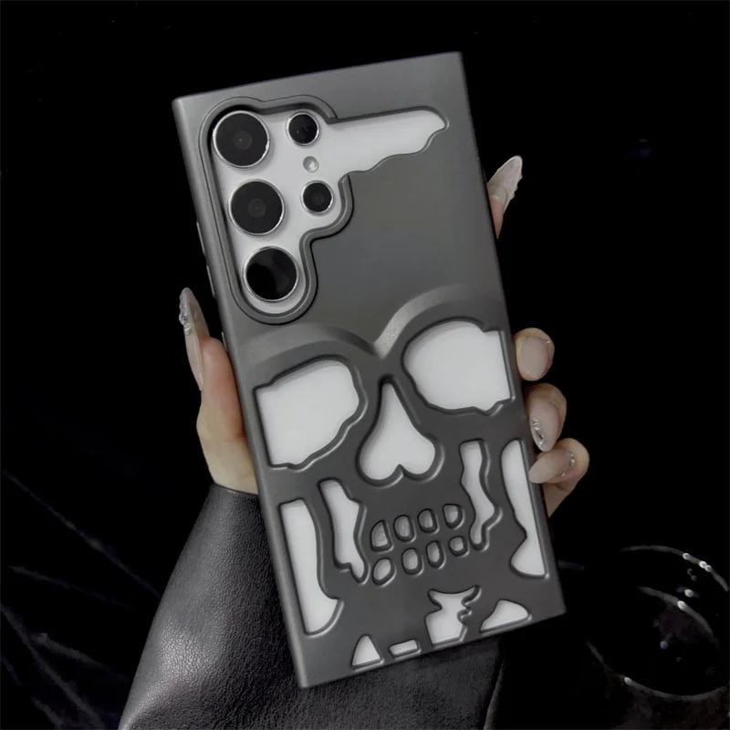 3D Matte Metallic Color Hollow Out Skull Hard Phone Case For Samsung Galaxy S23 S25 Ultra S23 S24 Plus Shockproof Cover