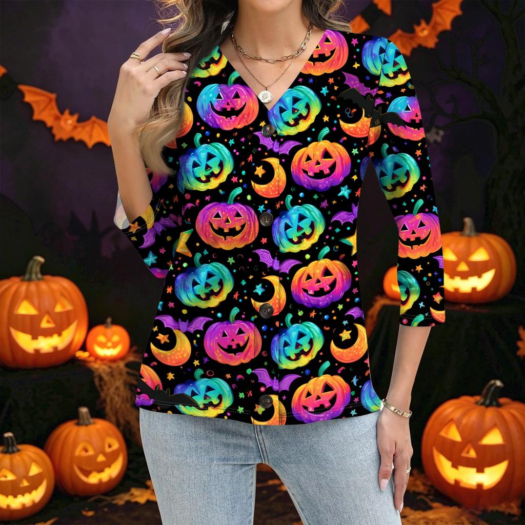 Women's Halloween Print Button Down Shirt 3/4 Sleeve Casual Blouse Top