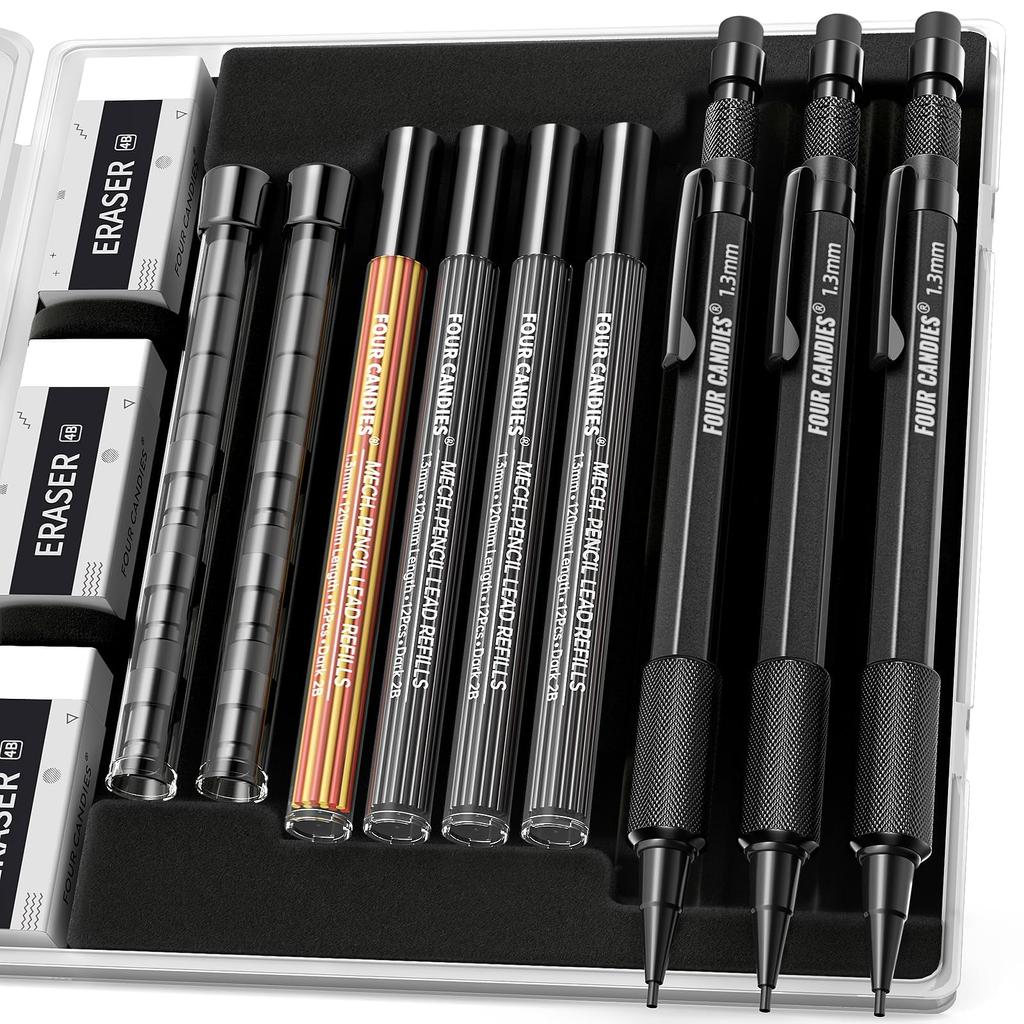 Four Candies Mechanical Set of with Durable Metal Carpenter 48 Leads 3 12 Eraser Outdoor Carpentry Marking Black 1.3mm Pencils, 3, Case, Pencils,