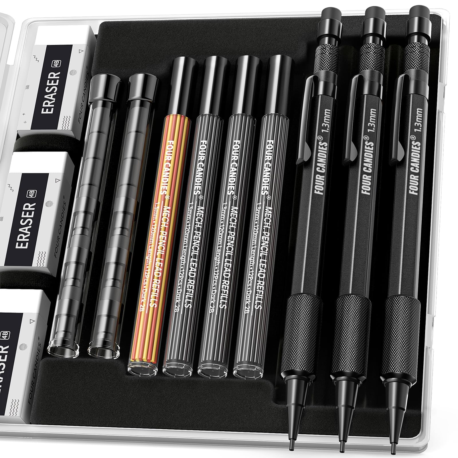 

Четыре конфеты Механический набор с прочным металлическим плотником 48 грифелей 3 12 ластик Наружная столярная разметка Черные карандаши 1,3 мм, 3, Футляр, Карандаши, чёрный