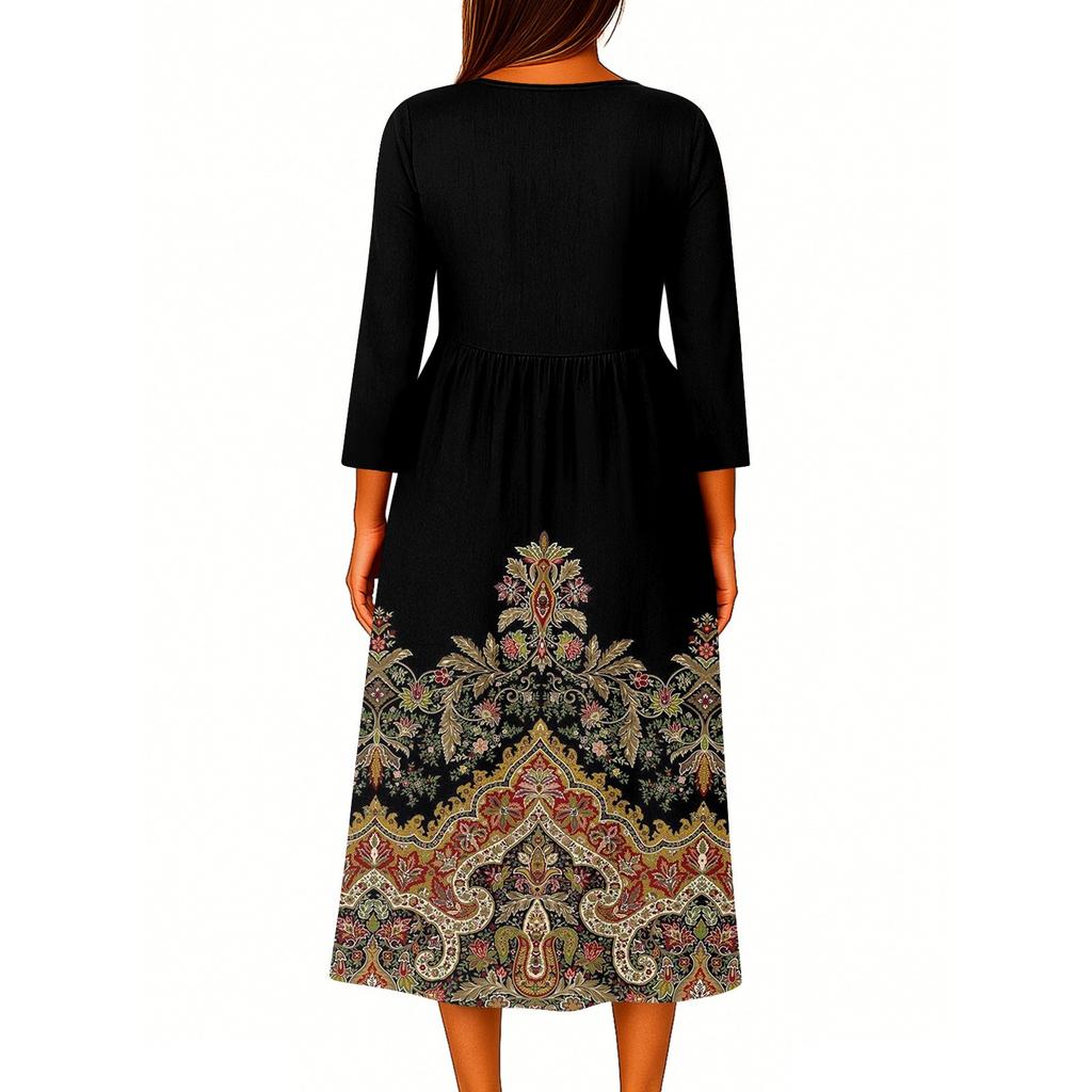 Dámské módní tištěné kulaté sedmiminutové rukávy knoflíkové volné košilové šaty