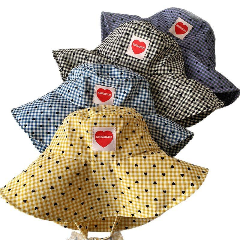 Doux amour chapeau de pêcheur à carreaux enfants été protection UV pliable large bord pare-soleil chapeau de soleil