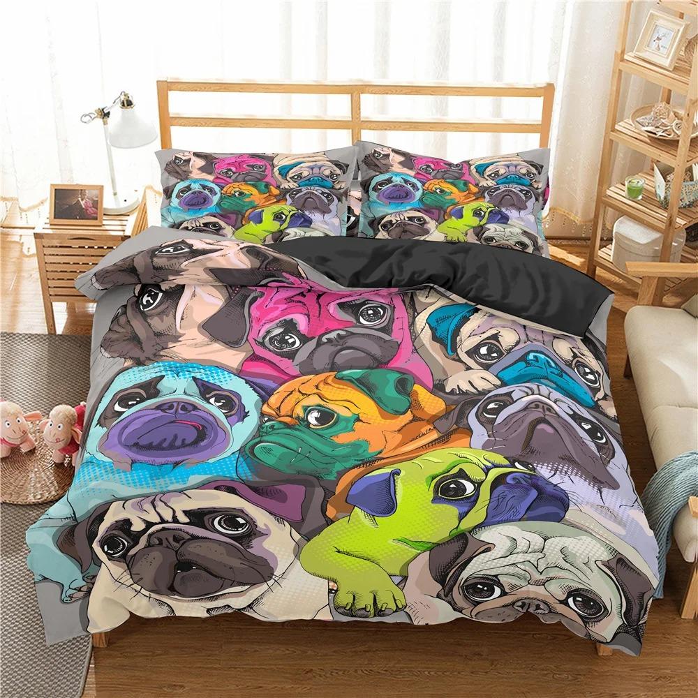 Cute Cartoon Pug Dog Duvet Cover Set Kids Comforter Queen King Twin Single Size Polyester Bedding