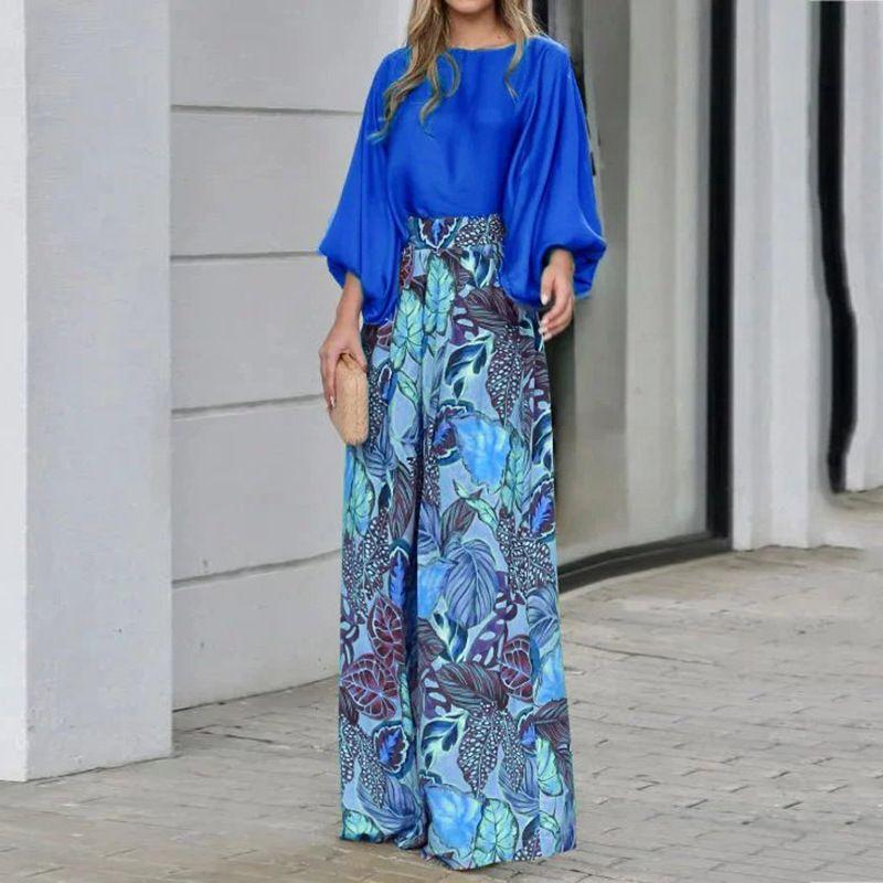 

Lantern Sleeve Loose Tops Print Loose Pants Suit Loose Top Printed Pants Set Blue XL