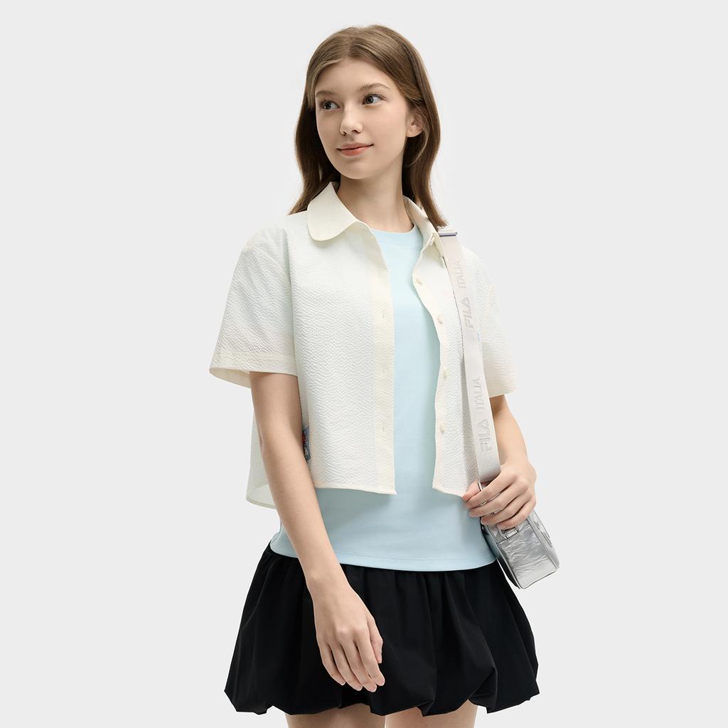 Fila Original Versatile Fashion Casual Simple Comfortable Short Sleeve Shirt Women Tops Steam-White F51W529403F-IV