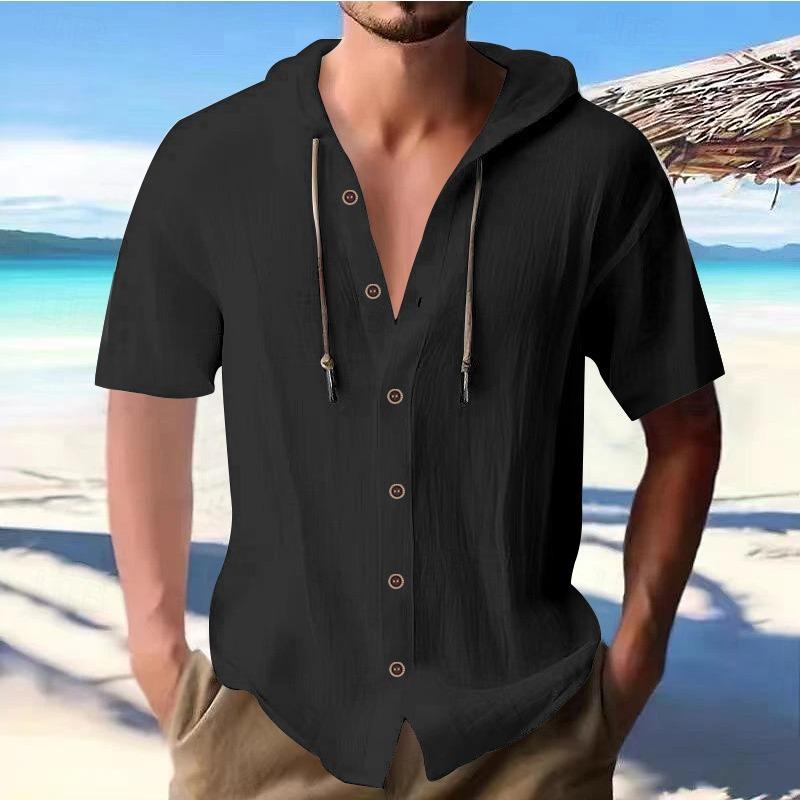Men's Solid-color Casual Short-sleeved Shirt with A Hooded Drawstring Cotton Cardigan Is Trendy, Versatile and Loose