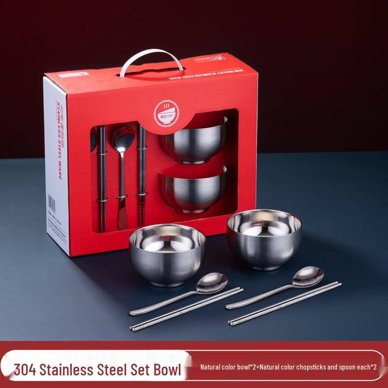 Red 304 Stainless Steel Bowl Set, Double-Layer, Anti-Scald, Heat Insulation - Available in Four or Six-Piece Sets.