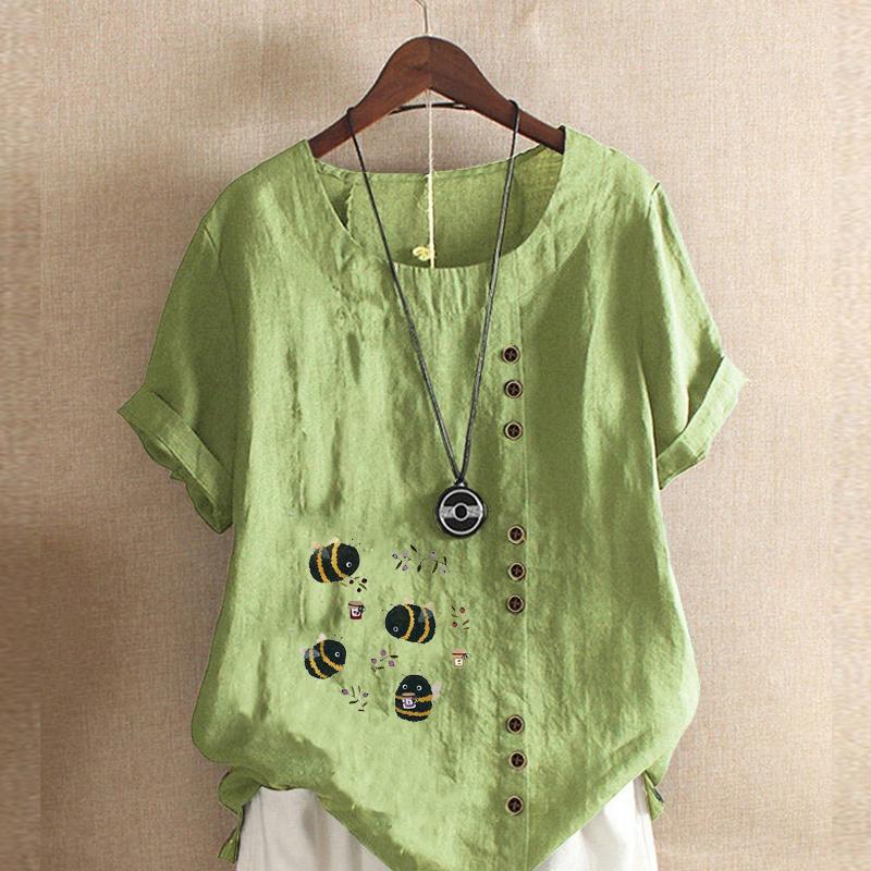 

Женская модная футболка с коротким рукавом с милым принтом пчелы, свободная хлопковая рубашка, повседневная свободная летняя блузка, топы больших размеров 5XL