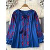 Ethnic Style Retro Embroider Tops Women's Clothing 2024 Summer New Arrival Loose Lace-up Slim Fit Slimming Puff Sleeve Shirt