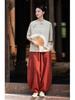 Women's Summer Cotton Linen Retro Stand Collar Top with Frog Buttons and Color Block Design