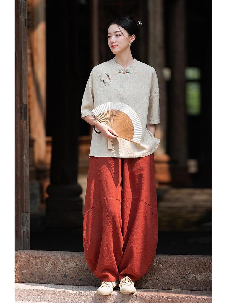 Women's Summer Cotton Linen Retro Stand Collar Top with Frog Buttons and Color Block Design