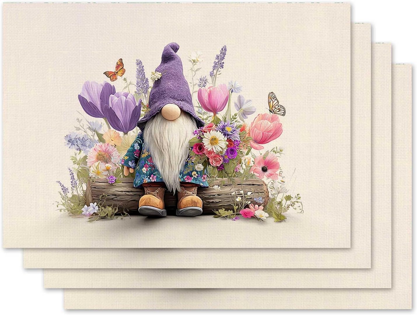

Spring Gnome Floral Placemat Set of 4 Spring Summer Placemats Seasonal Table Mats for Indoor Outdoor Home Kitchen Dining Decor Party Farmhouse Burlap 4Pcs
