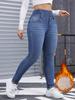 Kvinnor Tjocka Varma Jeansbyxor Hög Midja Knappar Byxor Smal Passform Pennbyxor Casual Enfärgade Fickor Jeans Slida Liten Stretch