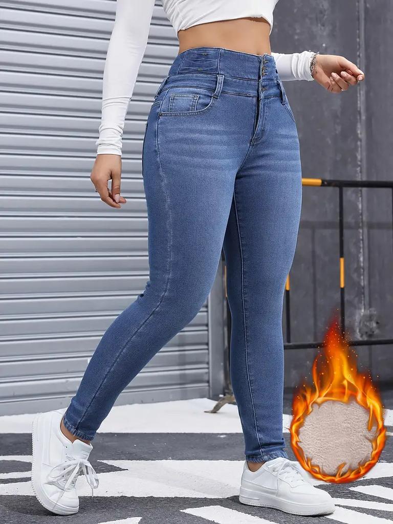 Kvinnor Tjocka Varma Jeansbyxor Hög Midja Knappar Byxor Smal Passform Pennbyxor Casual Enfärgade Fickor Jeans Slida Liten Stretch