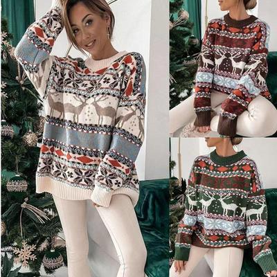 Pull Jacquard Thème Noël Européen & Américain - Coupe Ample Femme, Col Rond, Manches Longues, Cinq Couleurs (2022)