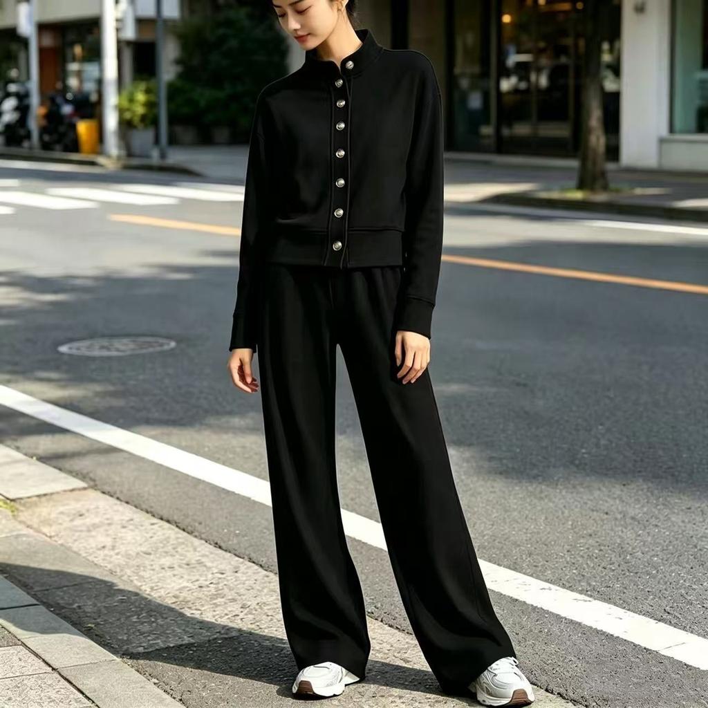 Women Solid Color Stand Collar Long Sleeve Tracksuit Casual Loose Sweatshirt And Wide Leg Pants Suit Light Blue