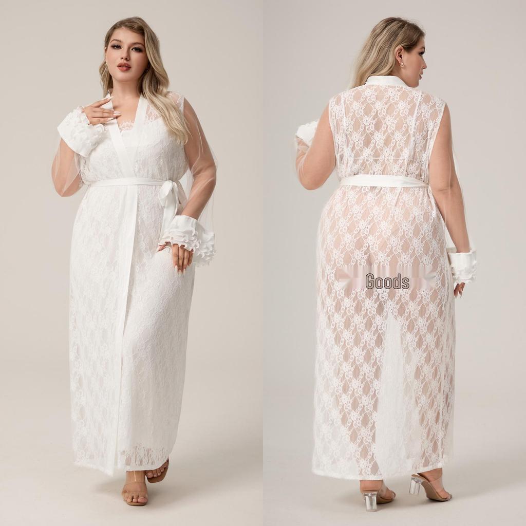 Yaoting Vestaglia Lunga e Camicia da Notte in Pizzo di Seta Ghiacciata per Donne Taglie Forti (WP5014)