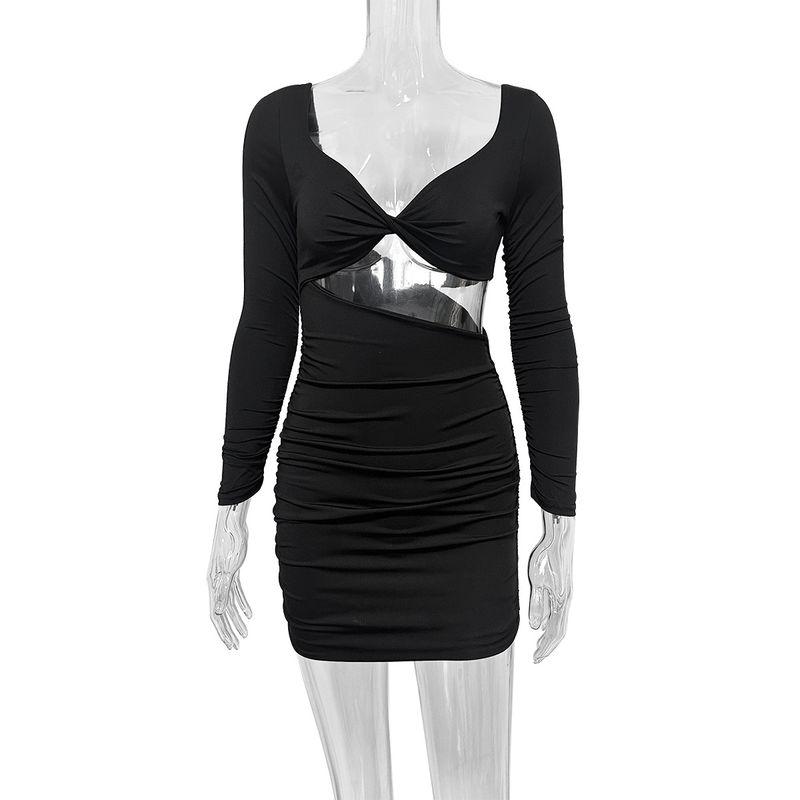 

Fashion Style Ins New Arrival Fashion Sexy Low-Cut Long Sleeve Short Dress Sexy Cutout Ruched Silm Sheath Dress Black S