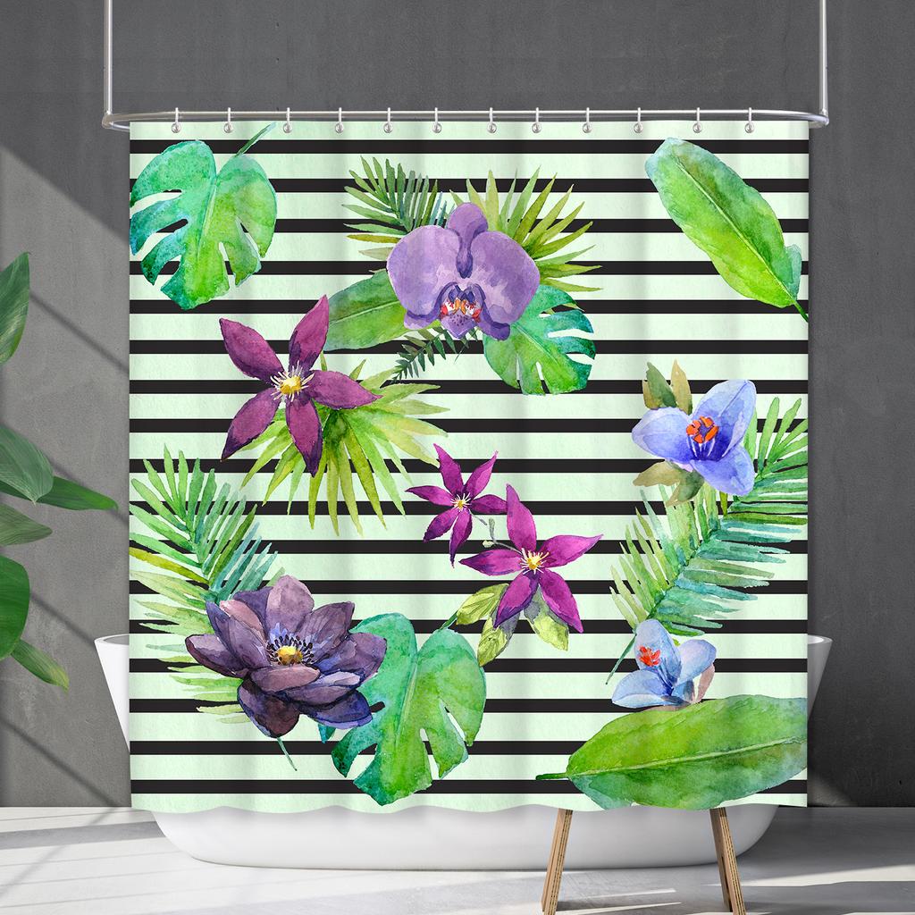 Shower Curtain Waterproof and Mildew-proof Digital Printing Horizontal Strip Plant Flower Printing Shower Curtain Partition Curtain Free Punching