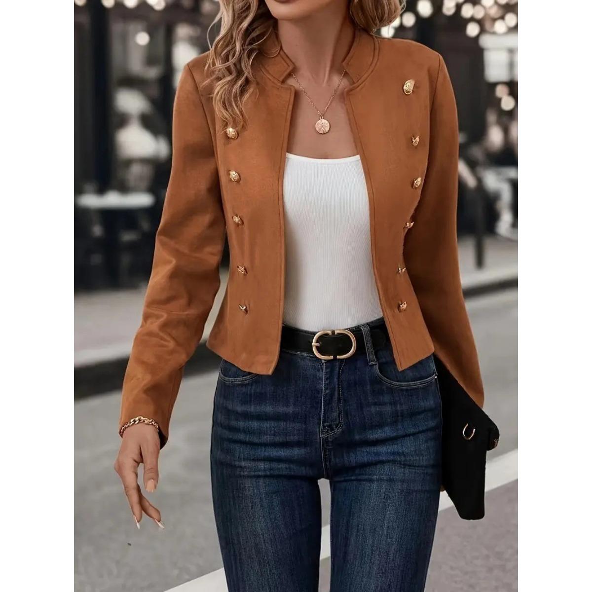 

2025 Winter Solid Color Slim Fit Versatile Double-Breasted Blazer Jacket for Women XXL коричневий