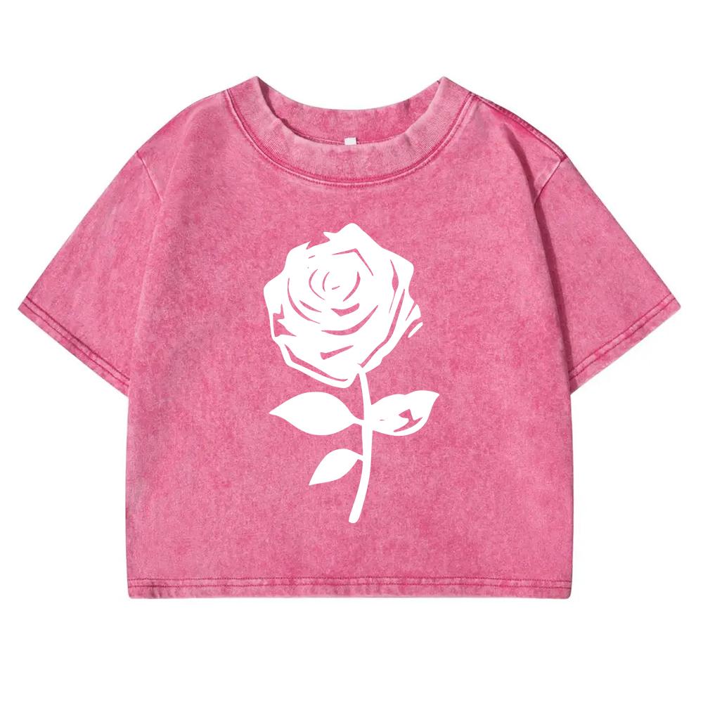 Simple Black And White Rose Print Women Retro Tee Washed Soft Short Sleeve Fitness Summer Streetwear New T Shirts