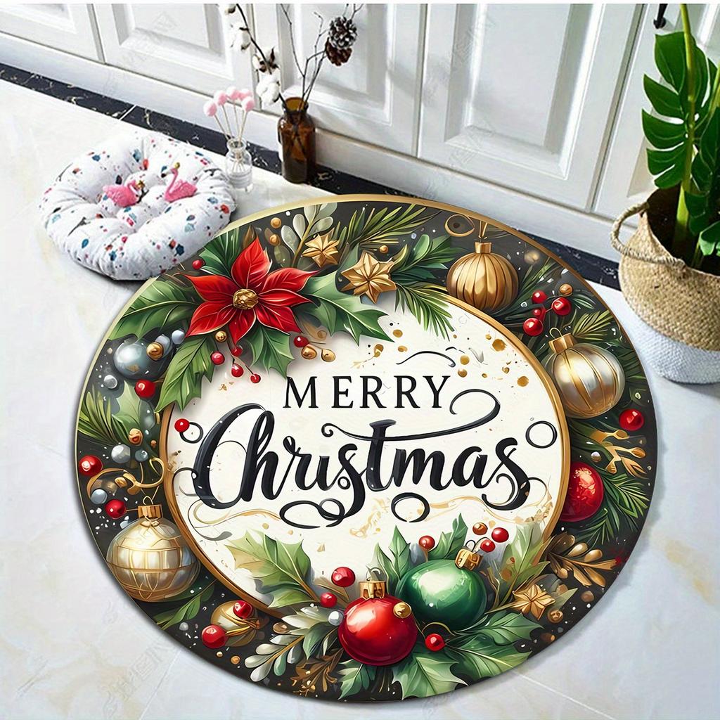 Merry Christmas 3D Round Rug, Soft Holiday Floor Mat for Winter Decor, Living Room, Bedroom, Kitchen, Bathroom