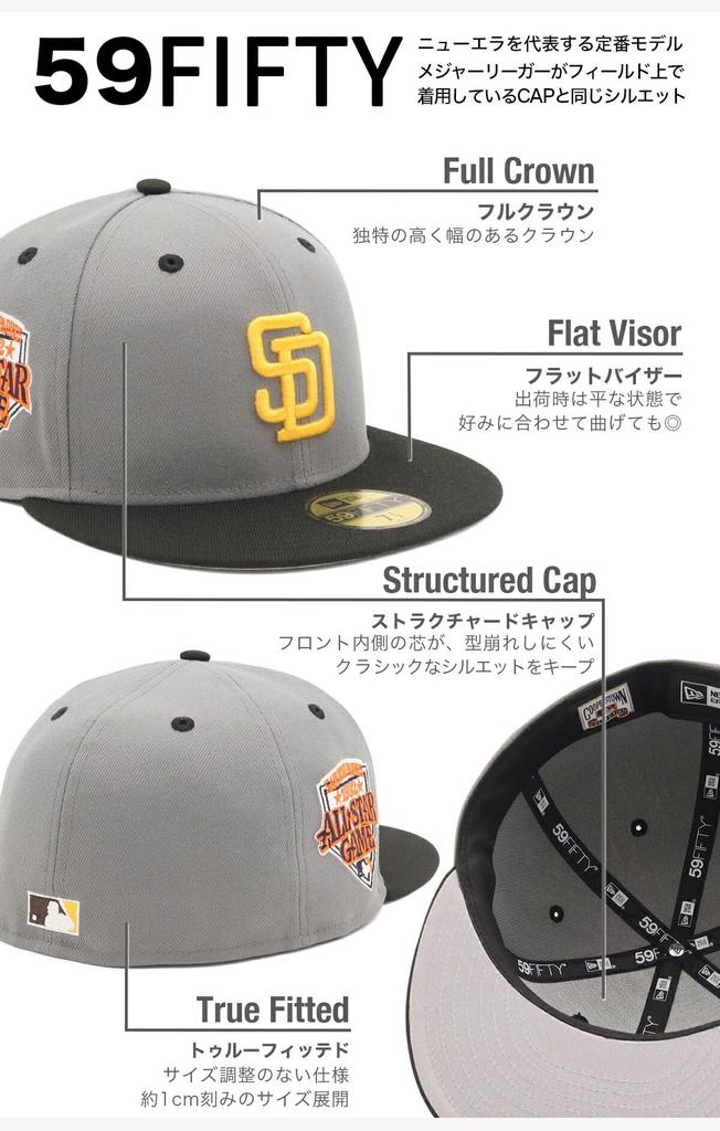 NEW ERA 59FIFTY San Diego Padres Side Patch Two Tone Cap Storm Grey Black MLB ONSPOTZ Exclusive Flat Visor Fitted Baseball Hat Unisex 7 3/4