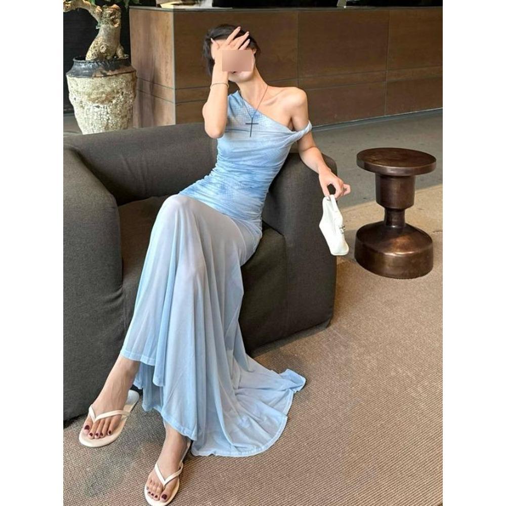 Long dress style one-word shoulder waist mesh hip skirt casual summer new dress skirt women's clothing