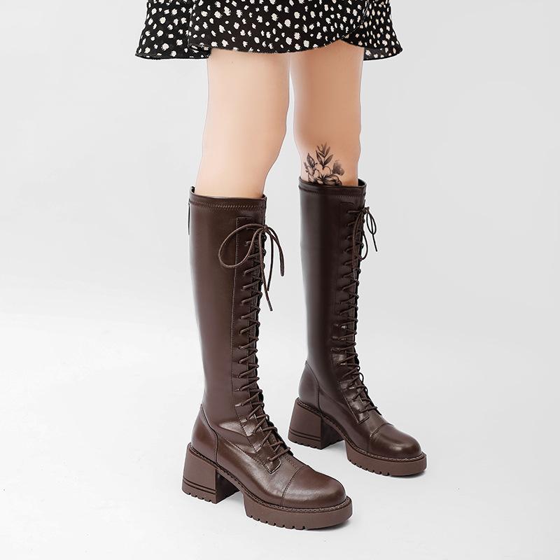 2024 Autumn and Winter New Long Martin Boots Women's Lace-up High Knight Boots Women's Round Head Thick Heel Thick-soled Long Boots Women