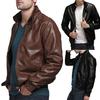 Zipper Closure Stand Collar Men Jacket Faux Leather Solid Color Slim Fit Motorcycle Jacket Outerwear