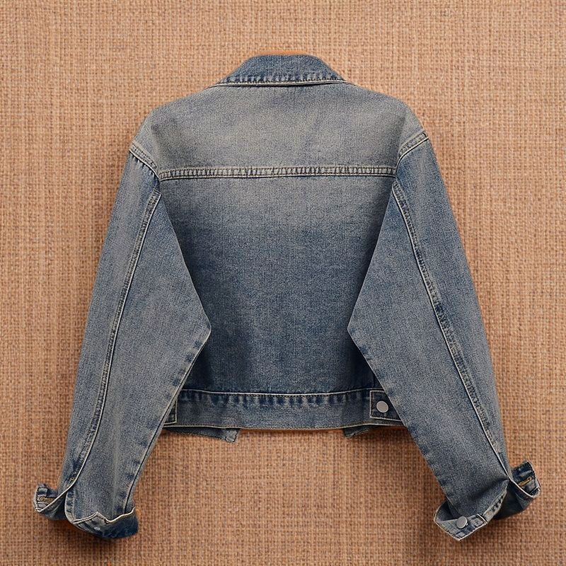 Women's Design Cropped Vintage Blue Denim Jacket with Long Sleeves for a Versatile Loose Jacket