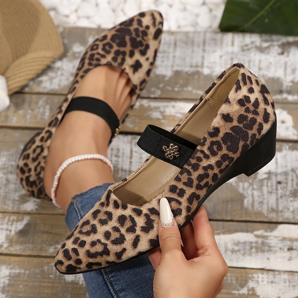 Women'S Leopard Print Pointed-Toe Flats with Ankle Strap - Breathable Fabric Upper, Comfortable Rubber Sole Vintage Style for Casual or Formal Outfits