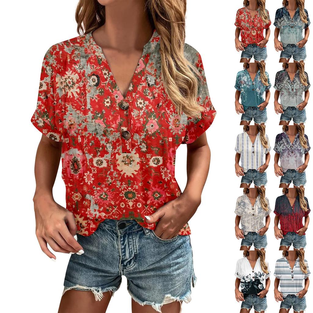 Fashion Womens Loose Summer Printing V Neck Button Button Short Sleeve Casual Tops