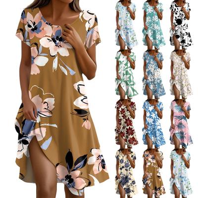 Short Sleeve Boho Dress For Women Casual Loose Fit Summer Sundress Floral Print Dress With Pockets