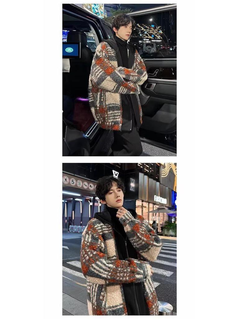 Men's Retro Plaid Patchwork Wool Hooded Jacket - Double-Sided, Thickened Outerwear for Autumn/Winter