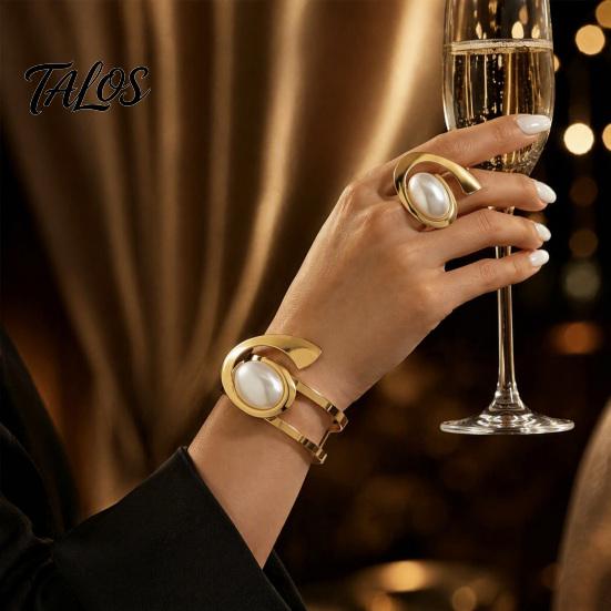 Geometric Open Bracelet 2Pcs Faux Pearl Bangle And Ring Set, Golden Plated Statement Jewelry & Ring, Minimalist for Party Adjustable Wrist
